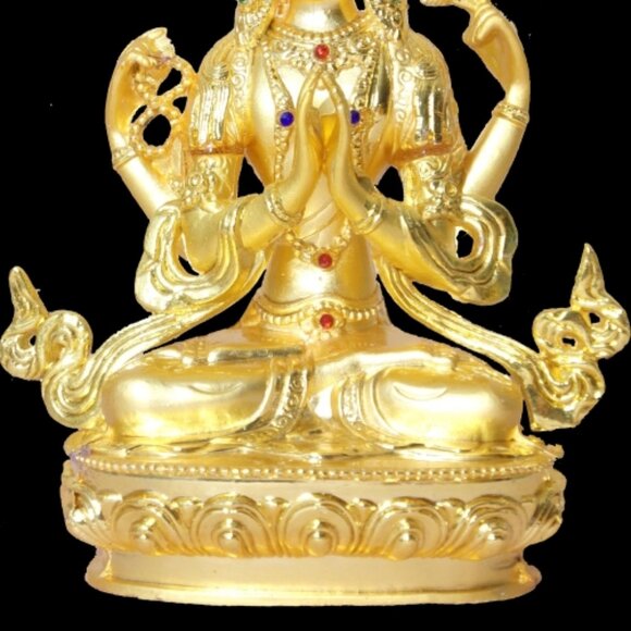 AVALOKITESVARA BUDDHA BEJEWELED GOLD ALLOY PLATED 6 IN STATUE-4 Arms-Bodhisattva - Picture 15 of 16